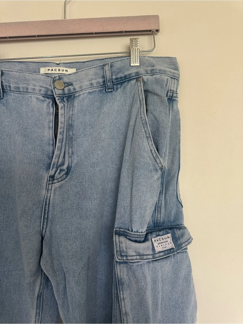 PacSun Baggy Cargo Jeans Light Wash 34x32 Wide Leg Utility Denim
